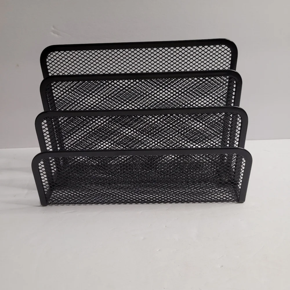 Black, three-tiered metal mesh file holder. 318